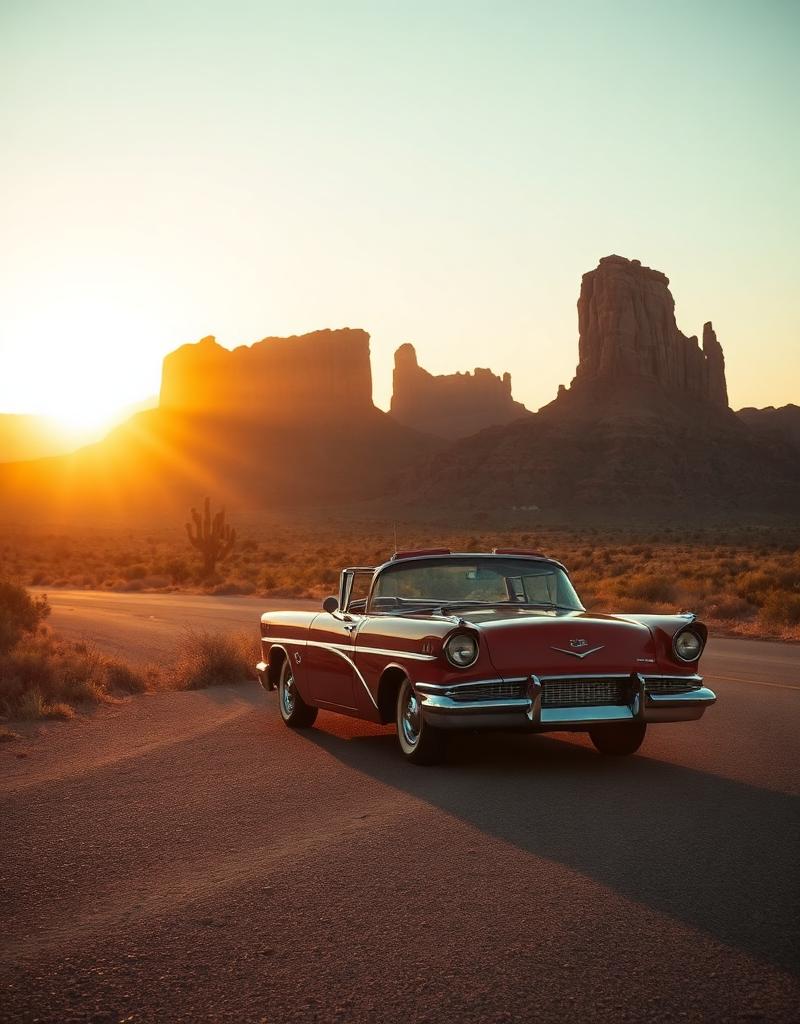 A vintage classic car on a desert road at sunset with Arizona red rock buttes in the distance